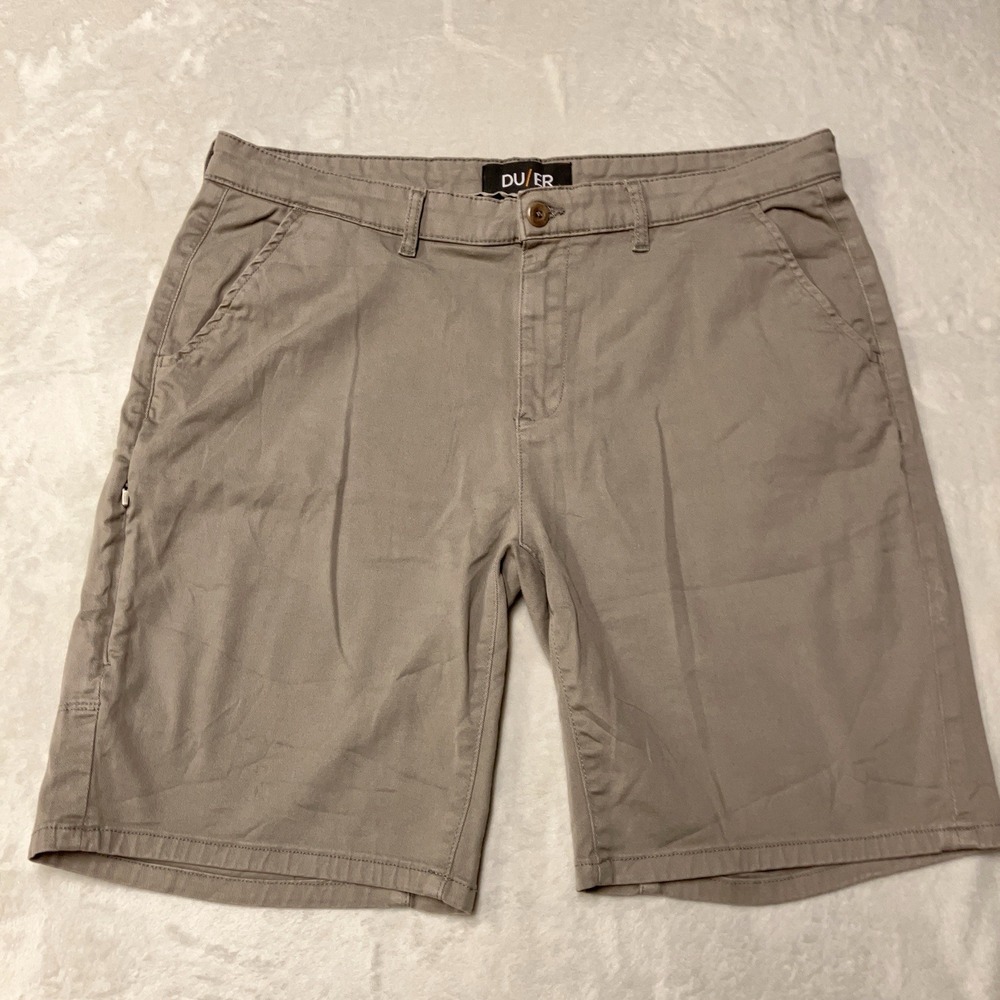 DU/ER Live Free Journey Shorts 9" Inseam Beige Tan Flat Front Chino Mens Size 36